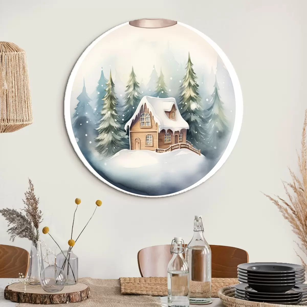 Tableaux rondes Boule de cristal aquarelle avec paysage hivernal, maison dans la forêt, neige r41366