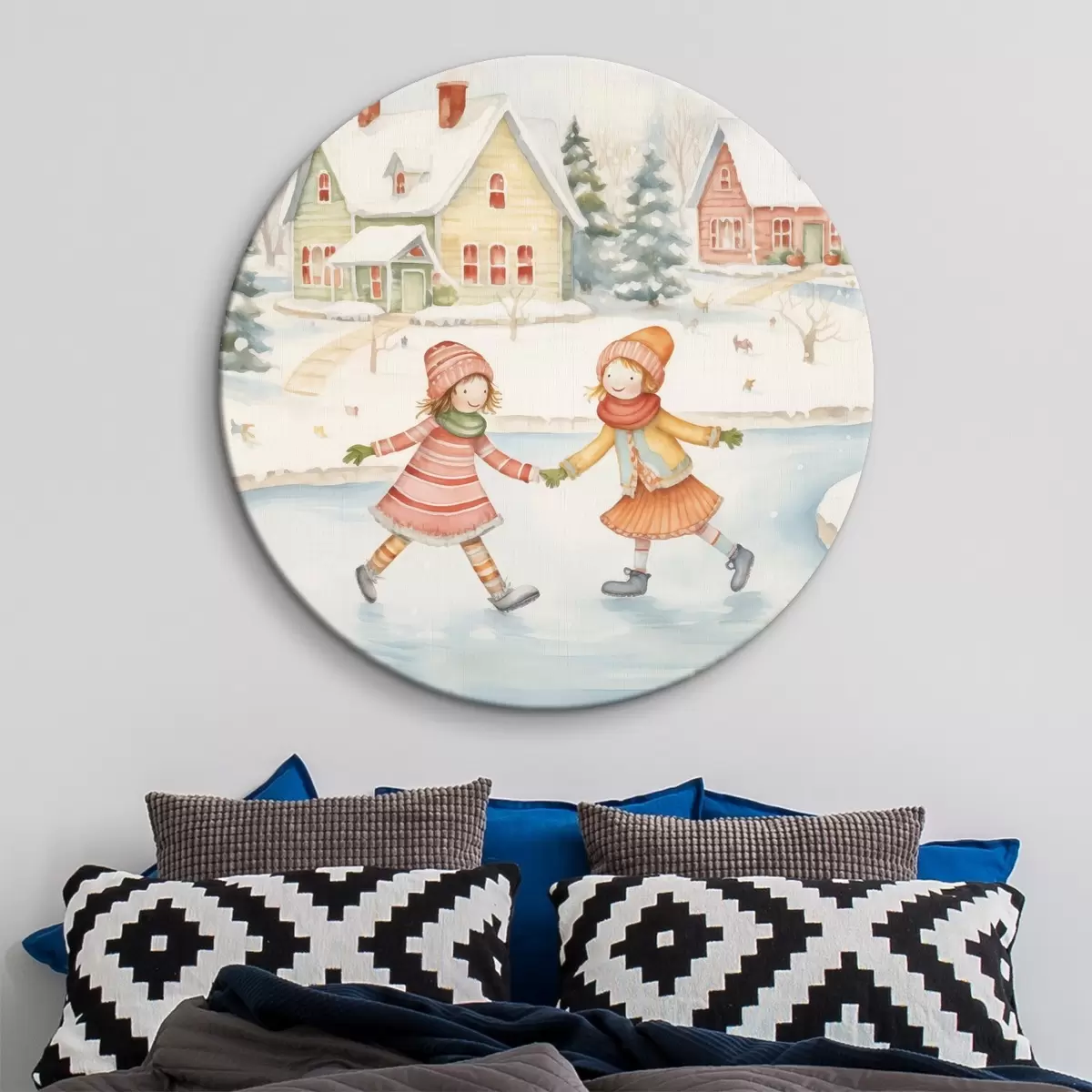 Tableaux rondes Scène d'hiver avec deux filles patinant, ville d'hiver, maisons, forêt r41377