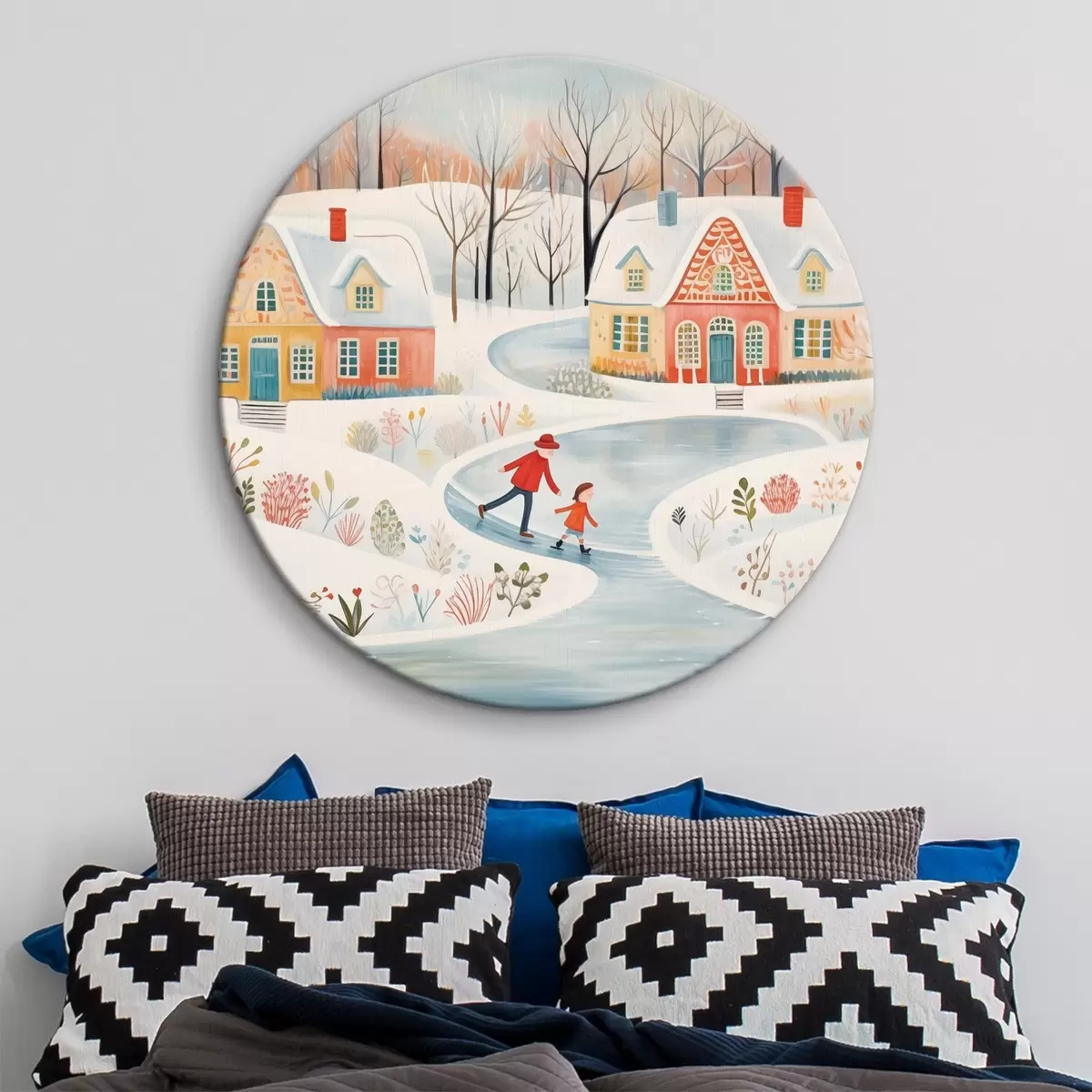 Tableaux rondes Village d'hiver, forêt, fleurs, patins à glace, maisons colorées r41378