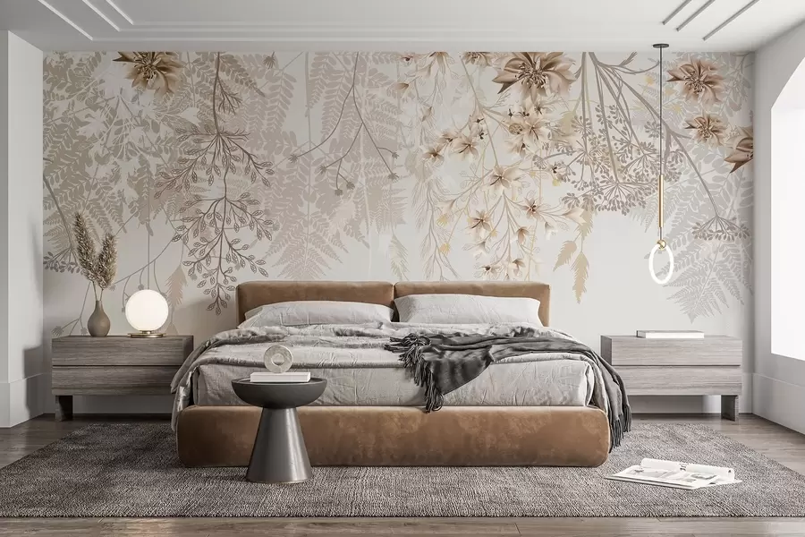 Papier peint Branches florales délicates et herbe avec des fleurs blanches, grises et beiges tombant en cascade sur un fond clair w08598