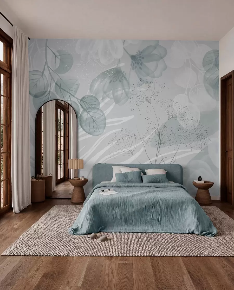 Papier peint Éléments floraux d'eucaliptus dans des tons bleus et blancs avec des feuilles et des pétales qui se chevauchent dans un style minimaliste w08599