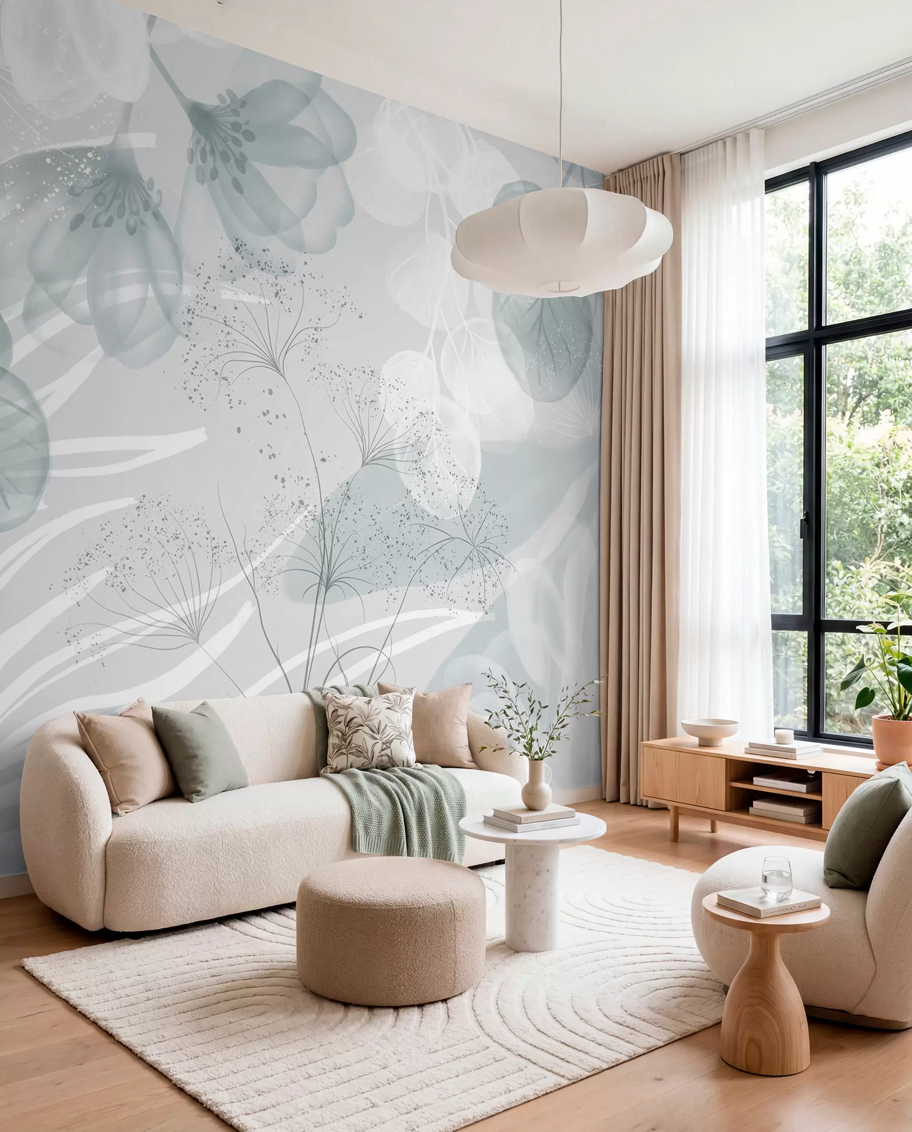 Papier peint Éléments floraux d'eucaliptus dans des tons bleus et blancs avec des feuilles et des pétales qui se chevauchent dans un style minimaliste w08599