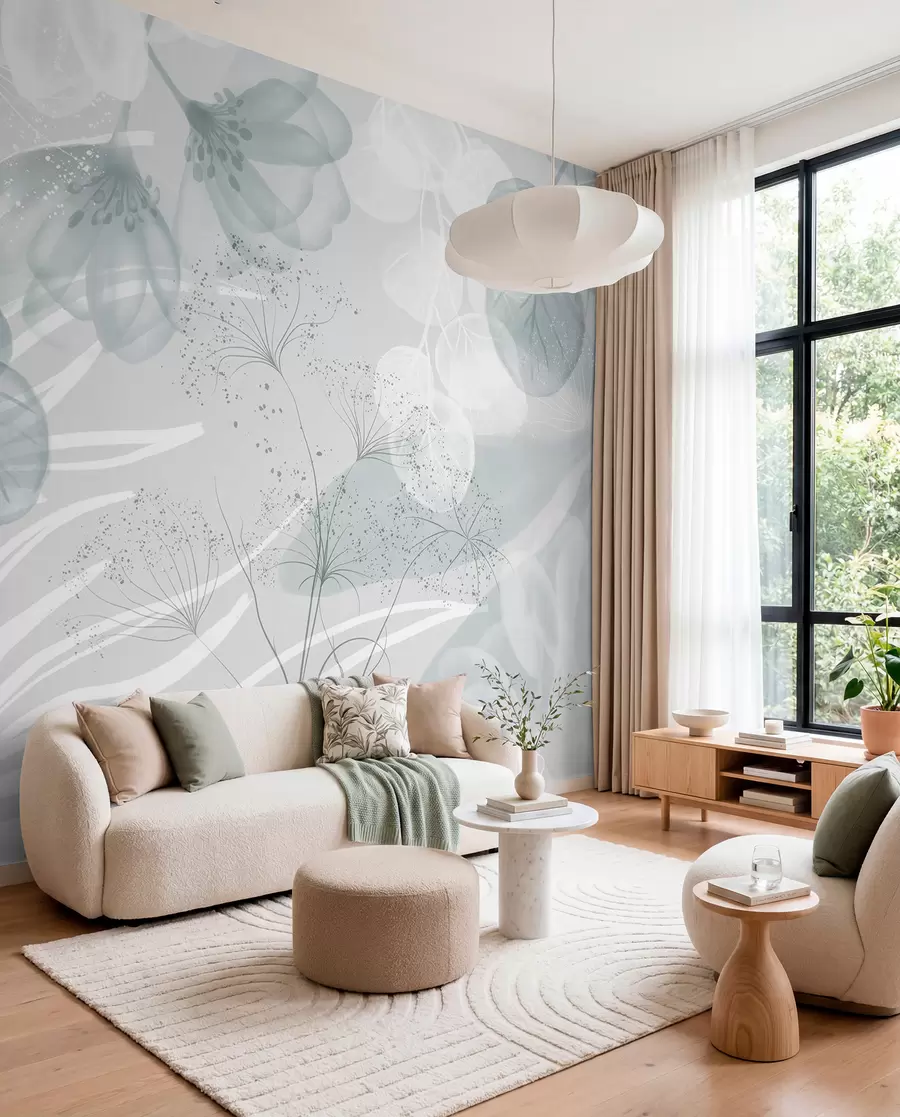 Papier peint Éléments floraux d'eucaliptus dans des tons bleus et blancs avec des feuilles et des pétales qui se chevauchent dans un style minimaliste w08599