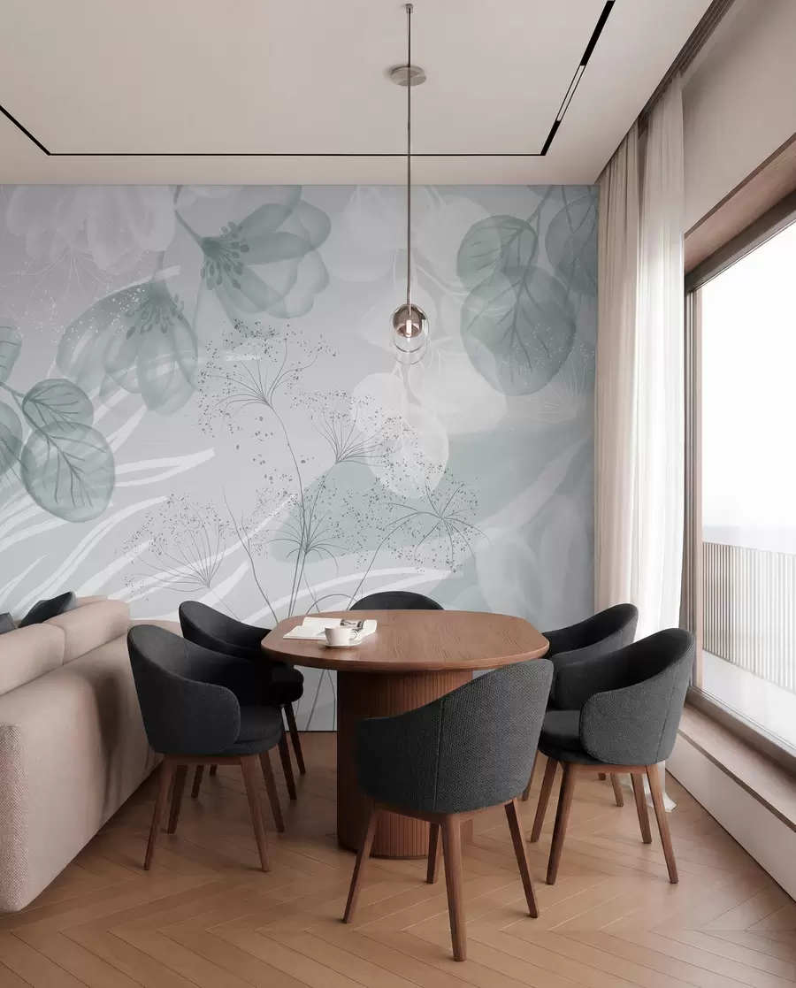 Papier peint Éléments floraux d'eucaliptus dans des tons bleus et blancs avec des feuilles et des pétales qui se chevauchent dans un style minimaliste w08599