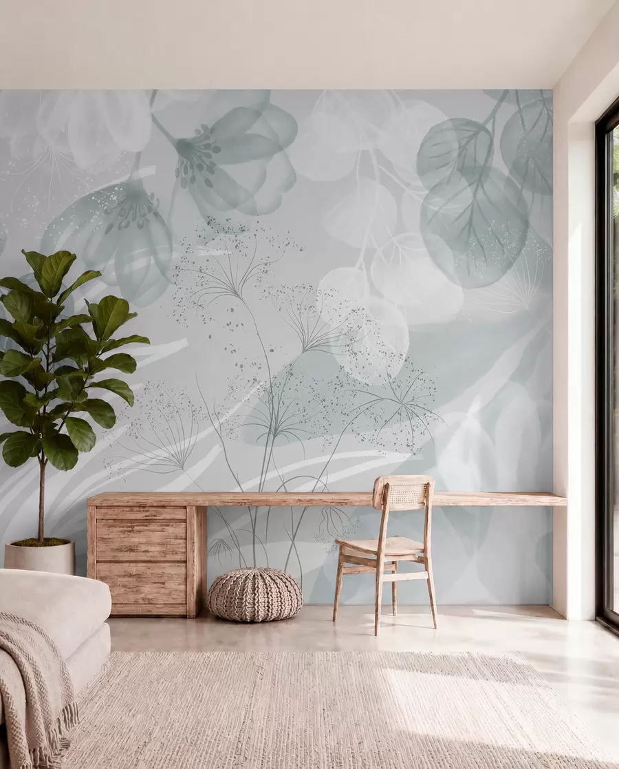 Papier peint Éléments floraux d'eucaliptus dans des tons bleus et blancs avec des feuilles et des pétales qui se chevauchent dans un style minimaliste w08599