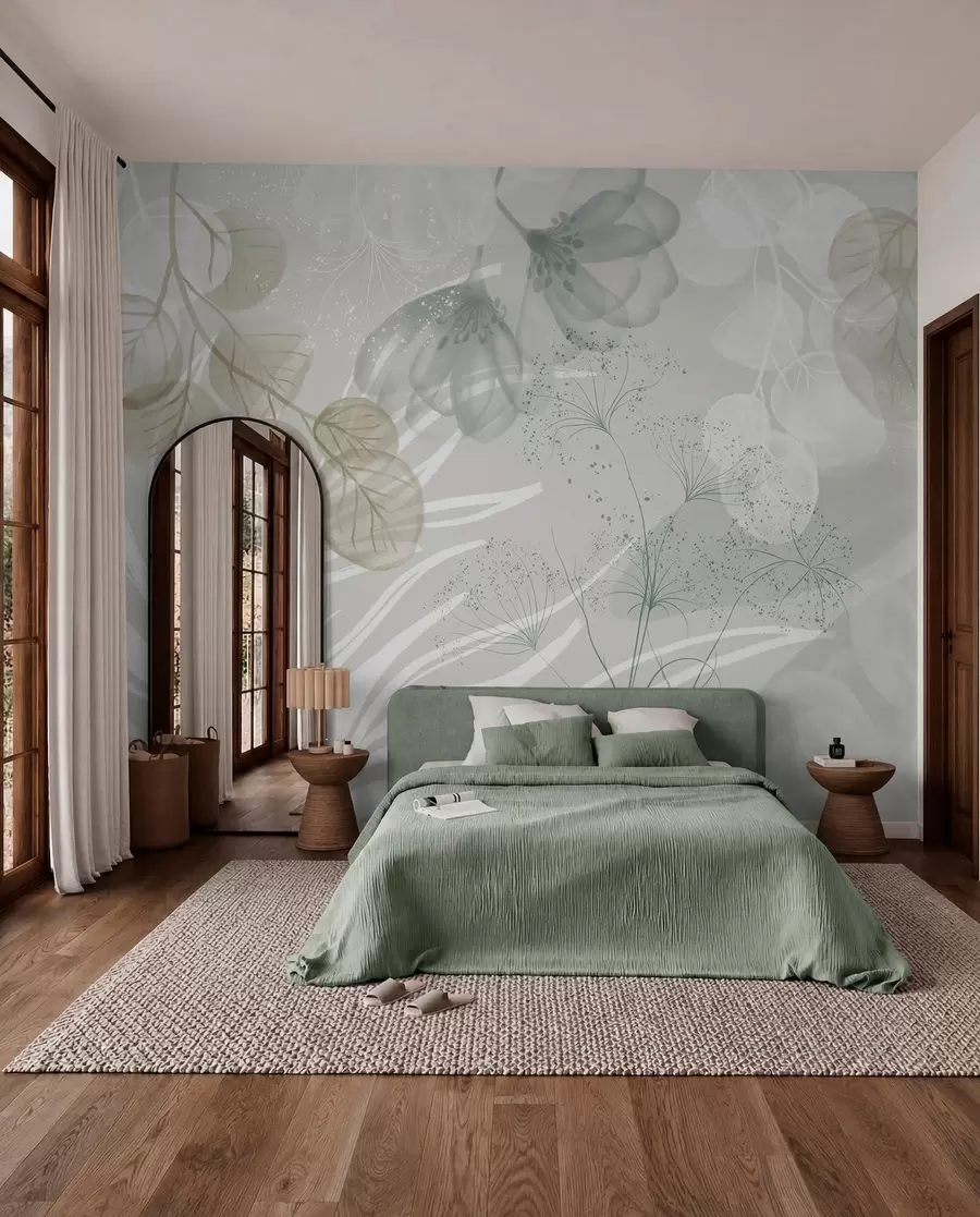 Papier peint Éléments floraux d'eucaliptus dans les tons de vert et de blanc avec des feuilles et des pétales qui se chevauchent dans un style minimaliste w08599v1