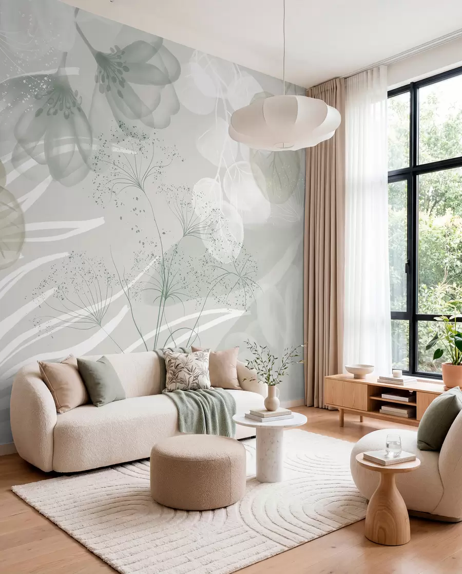 Papier peint Éléments floraux d'eucaliptus dans les tons de vert et de blanc avec des feuilles et des pétales qui se chevauchent dans un style minimaliste w08599v1