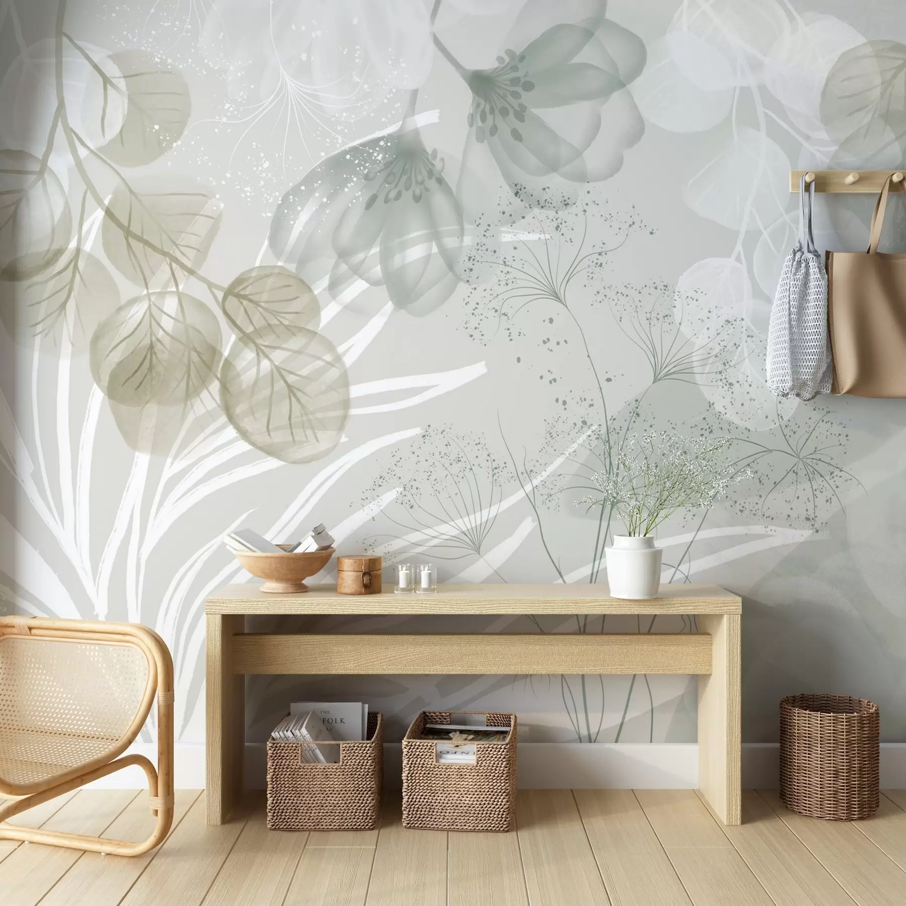 Papier peint Éléments floraux d'eucaliptus dans les tons de vert et de blanc avec des feuilles et des pétales qui se chevauchent dans un style minimaliste w08599v1