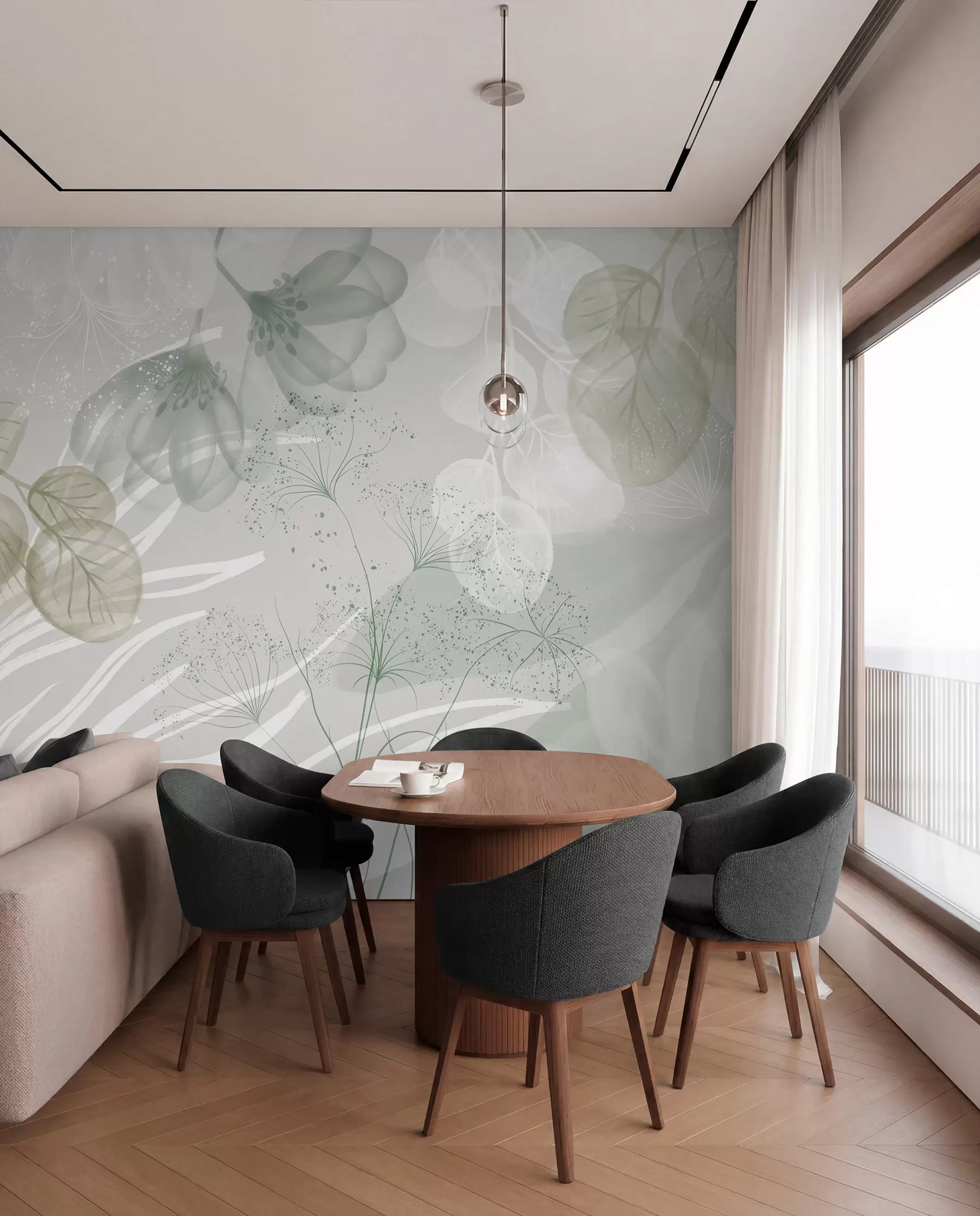 Papier peint Éléments floraux d'eucaliptus dans les tons de vert et de blanc avec des feuilles et des pétales qui se chevauchent dans un style minimaliste w08599v1