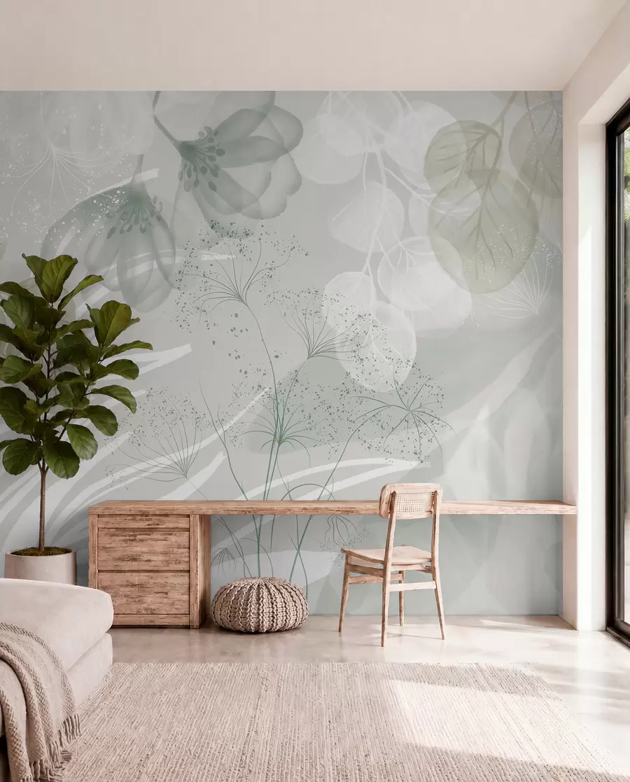 Papier peint Éléments floraux d'eucaliptus dans les tons de vert et de blanc avec des feuilles et des pétales qui se chevauchent dans un style minimaliste w08599v1