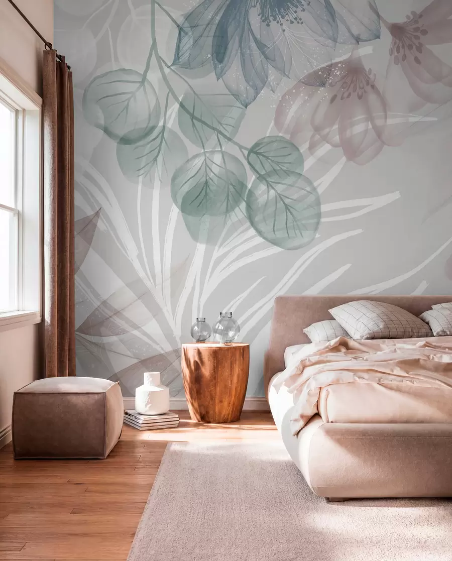Papier peint Imprimé floral de couleur pastel avec de grandes fleurs abstraites transparentes et des feuilles dans les tons gris, rose et vert w08600