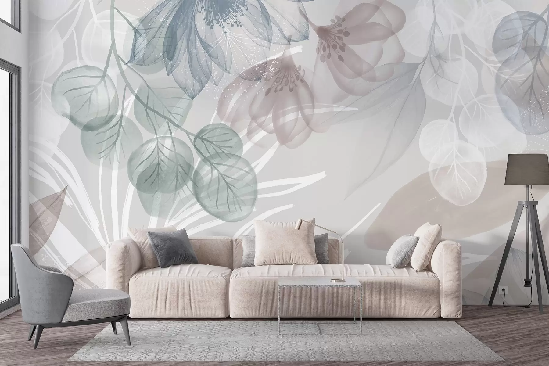 Papier peint Imprimé floral de couleur pastel avec de grandes fleurs abstraites transparentes et des feuilles dans les tons gris, rose et vert w08600