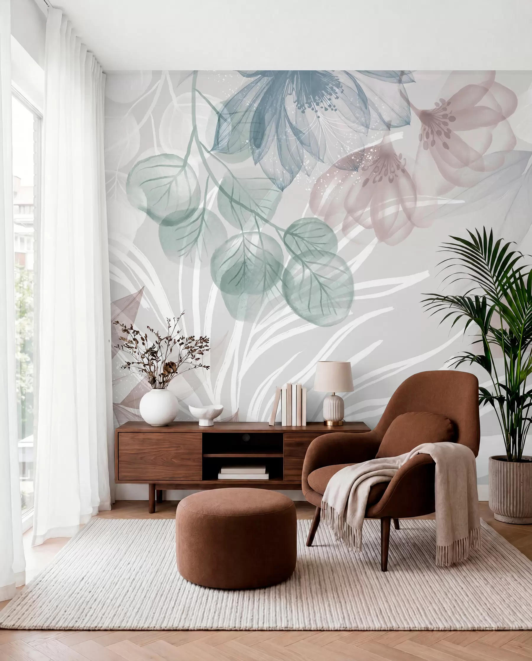 Papier peint Imprimé floral de couleur pastel avec de grandes fleurs abstraites transparentes et des feuilles dans les tons gris, rose et vert w08600
