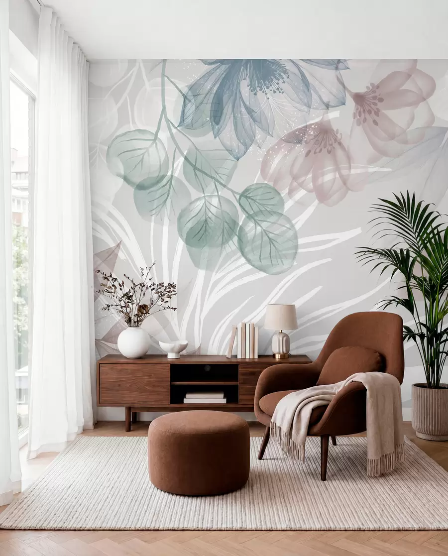 Papier peint Imprimé floral de couleur pastel avec de grandes fleurs abstraites transparentes et des feuilles dans les tons gris, rose et vert w08600