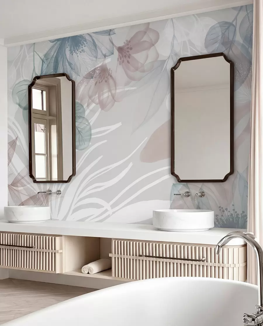 Papier peint Imprimé floral de couleur pastel avec de grandes fleurs abstraites transparentes et des feuilles dans les tons gris, rose et vert w08600