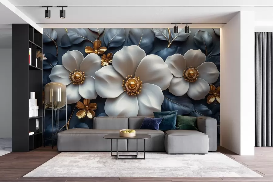 Papier peint Grandes fleurs blanches sur un élégant fond bleu avec des feuilles w08559