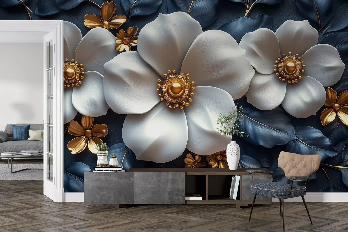 Papier peint Grandes fleurs blanches sur un élégant fond bleu avec des feuilles w08559
