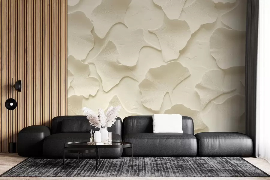 Papier peint Stuc avec embossage délicat de feuilles de ginkgo sur un fond beige doux w08560