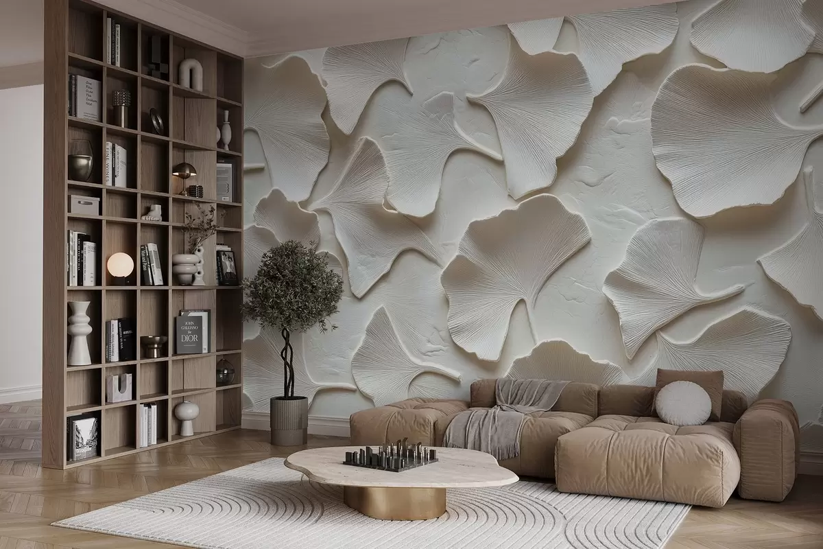 Papier peint Stuc avec embossage délicat de feuilles de ginkgo sur fond blanc w08560v1