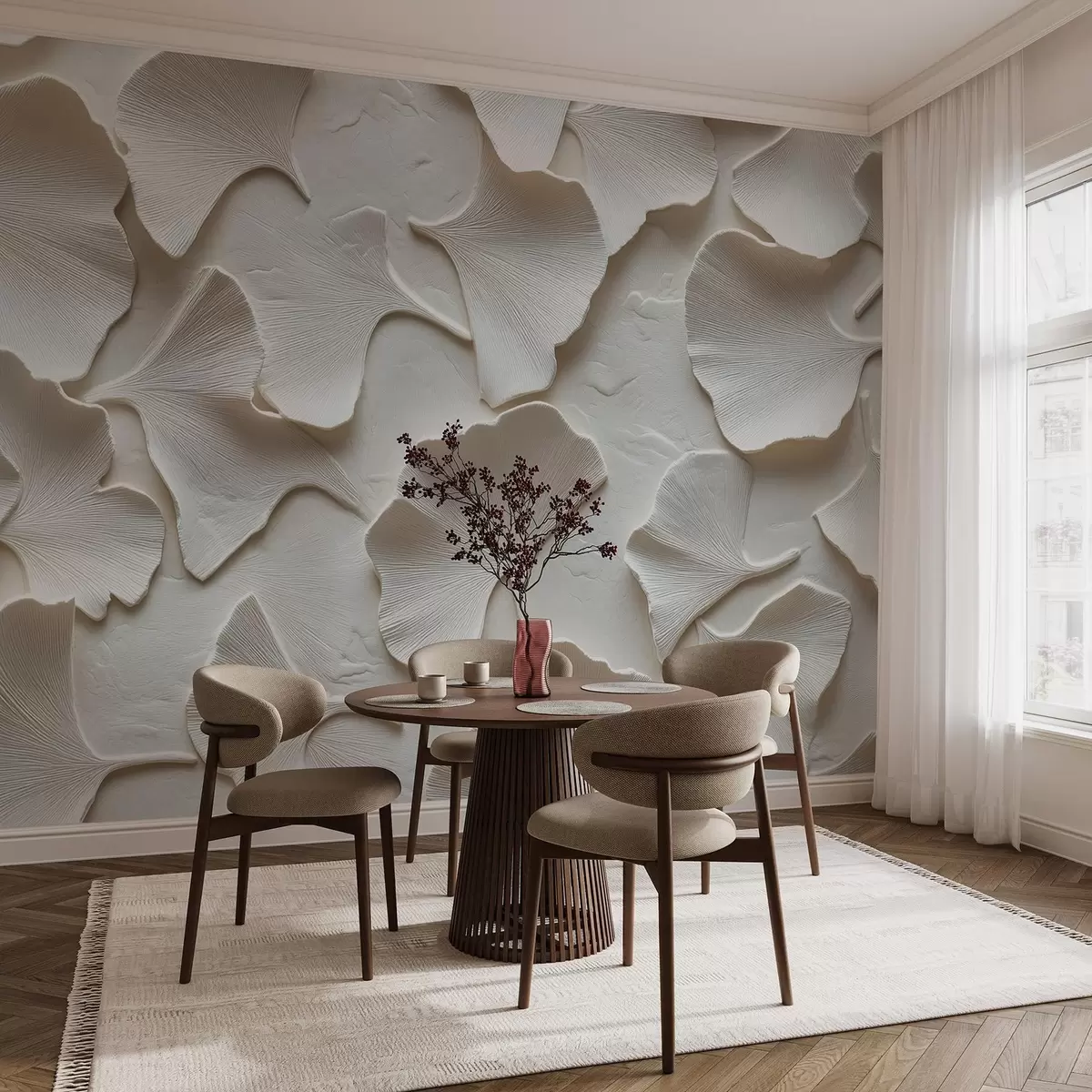 Papier peint Stuc avec embossage délicat de feuilles de ginkgo sur fond blanc w08560v1