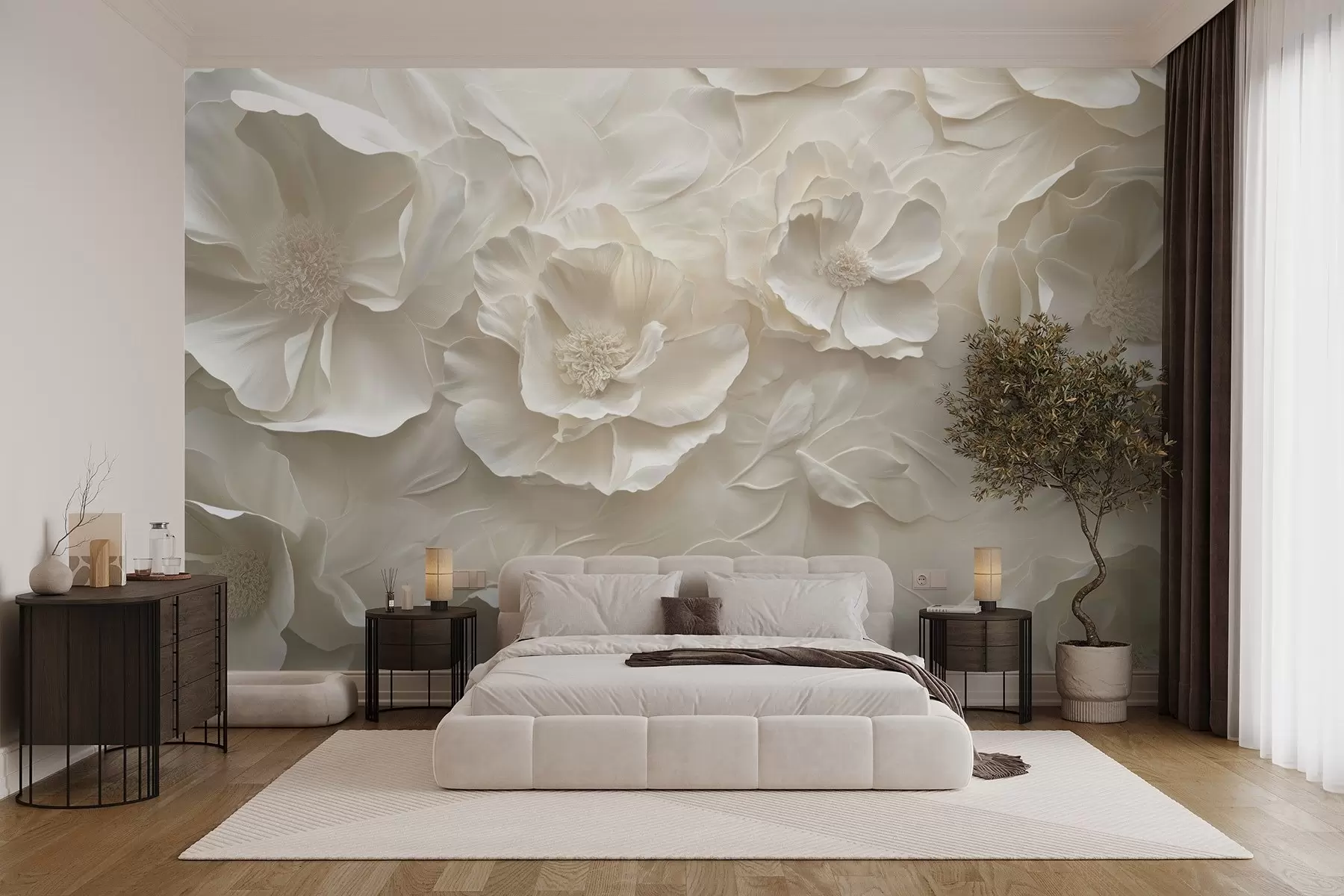 Papier peint Fleurs aériennes dans des tons chauds sur un fond de feuilles w08562