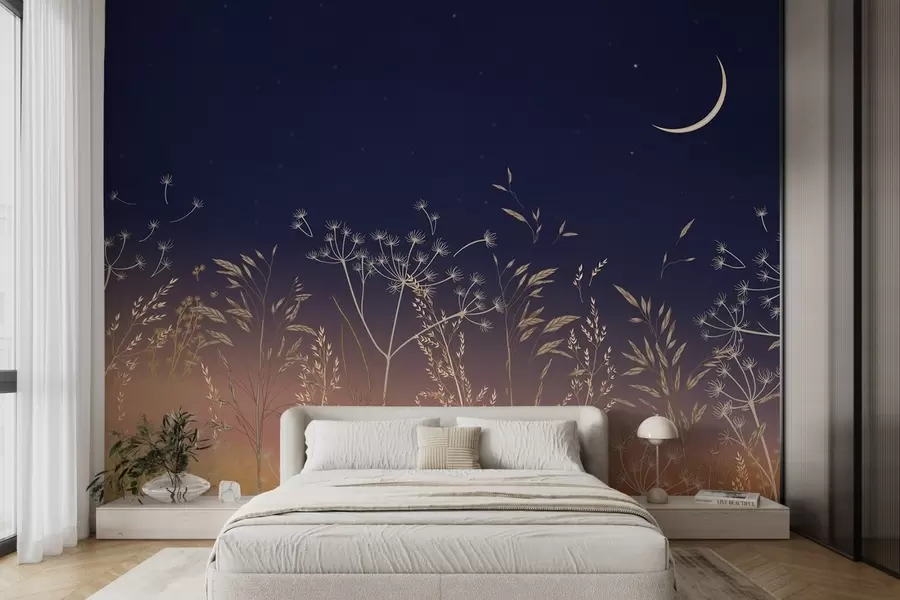 Papier peint Pissenlits et fleurs sauvages sur fond de coucher de soleil avec ciel bleu et lune w08567