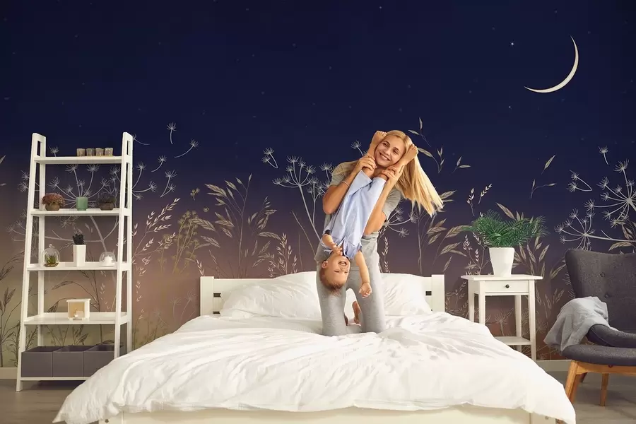 Papier peint Pissenlits et fleurs sauvages sur fond de coucher de soleil avec ciel bleu et lune w08567