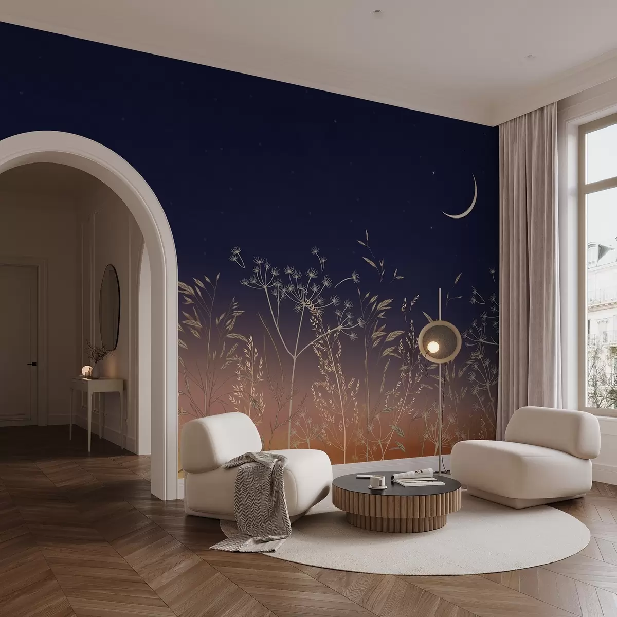 Papier peint Pissenlits et fleurs sauvages sur fond de coucher de soleil avec ciel bleu et lune w08567