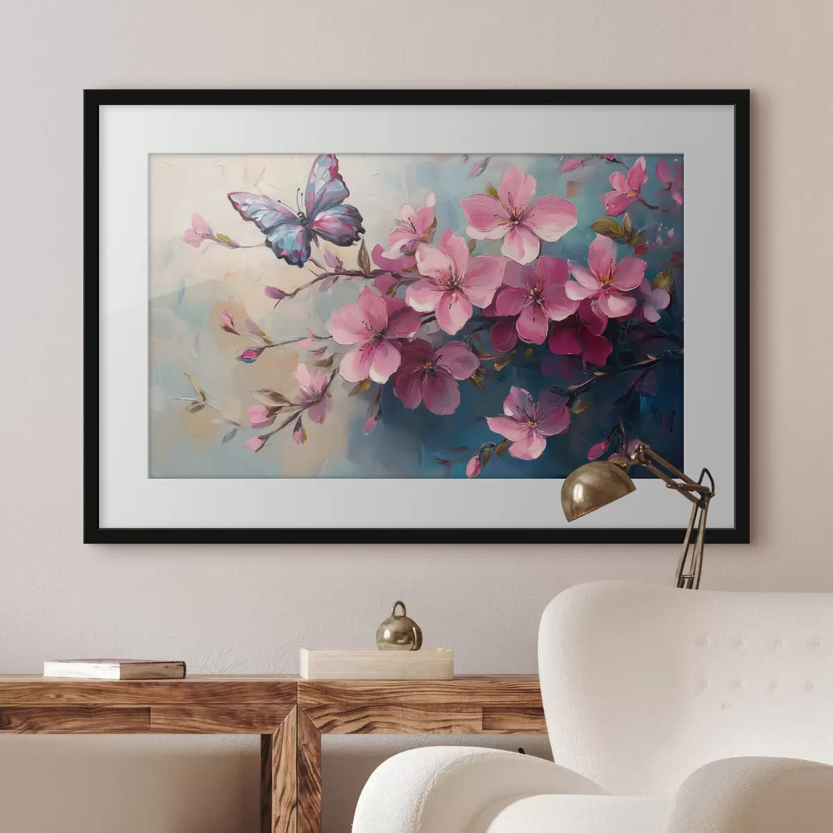 Poster Fleurs roses et papillon f42320