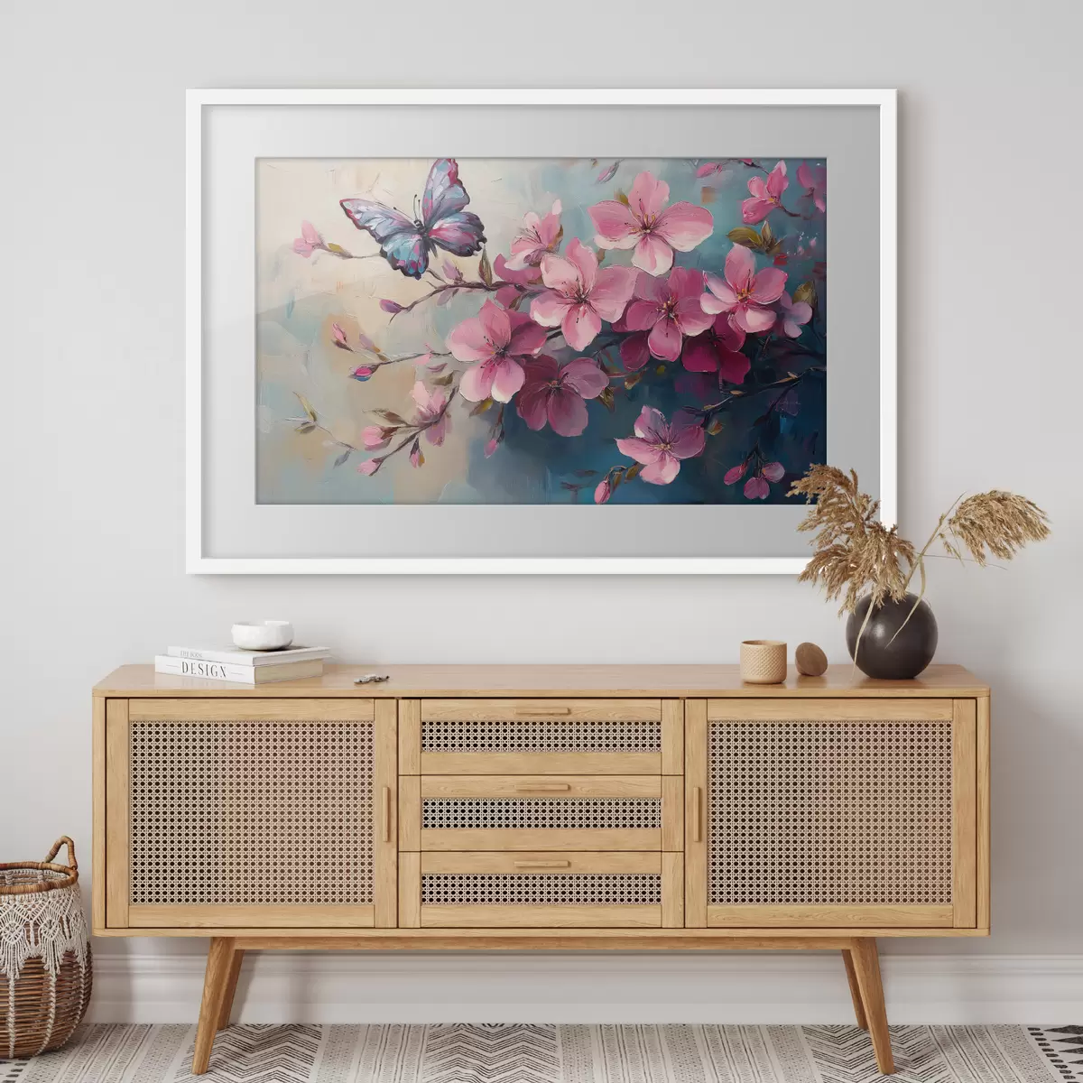 Poster Fleurs roses et papillon f42320