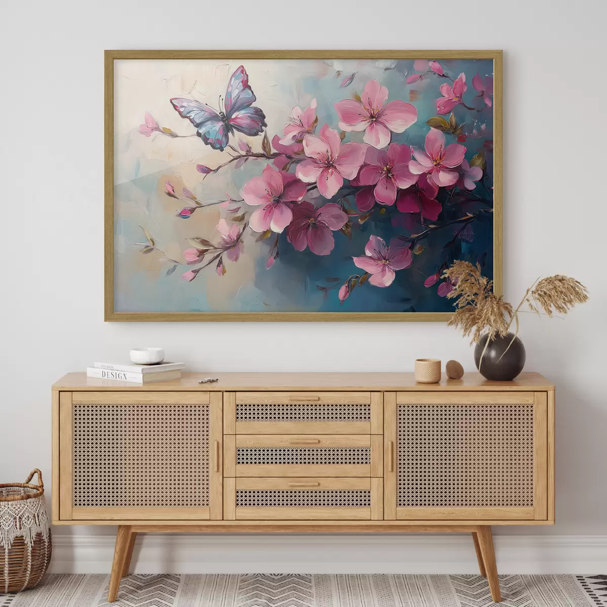 Poster Fleurs roses et papillon f42320