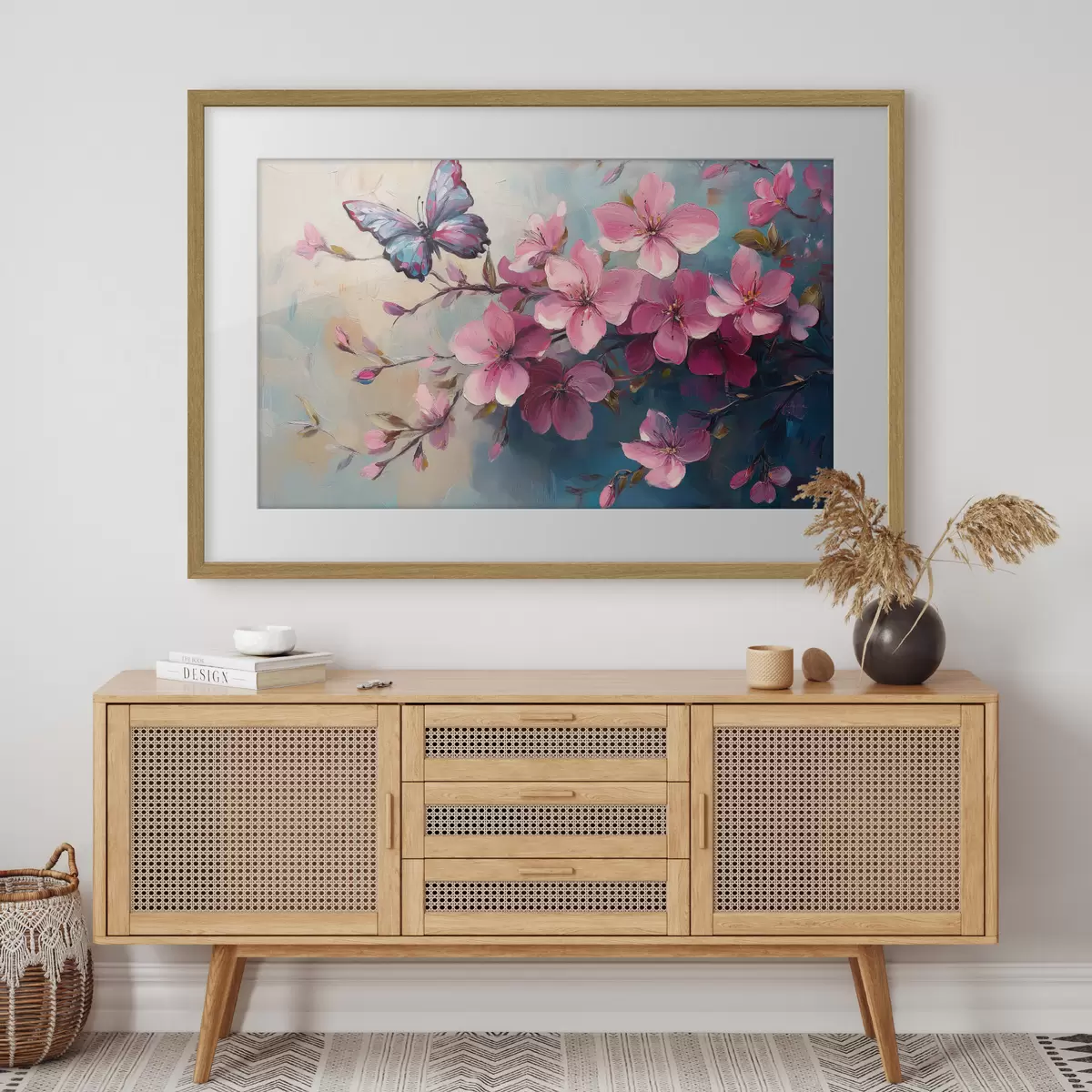 Poster Fleurs roses et papillon f42320
