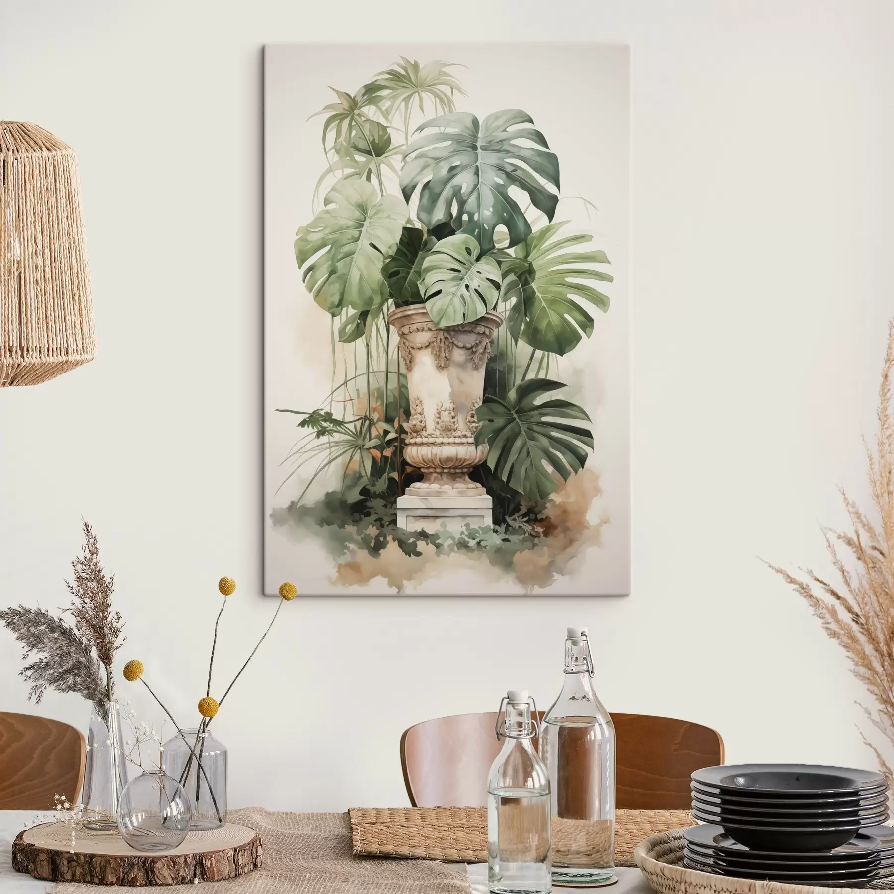 Tableau Feuilles de monstera tropical sur une colonne imitation aquarelle s42351