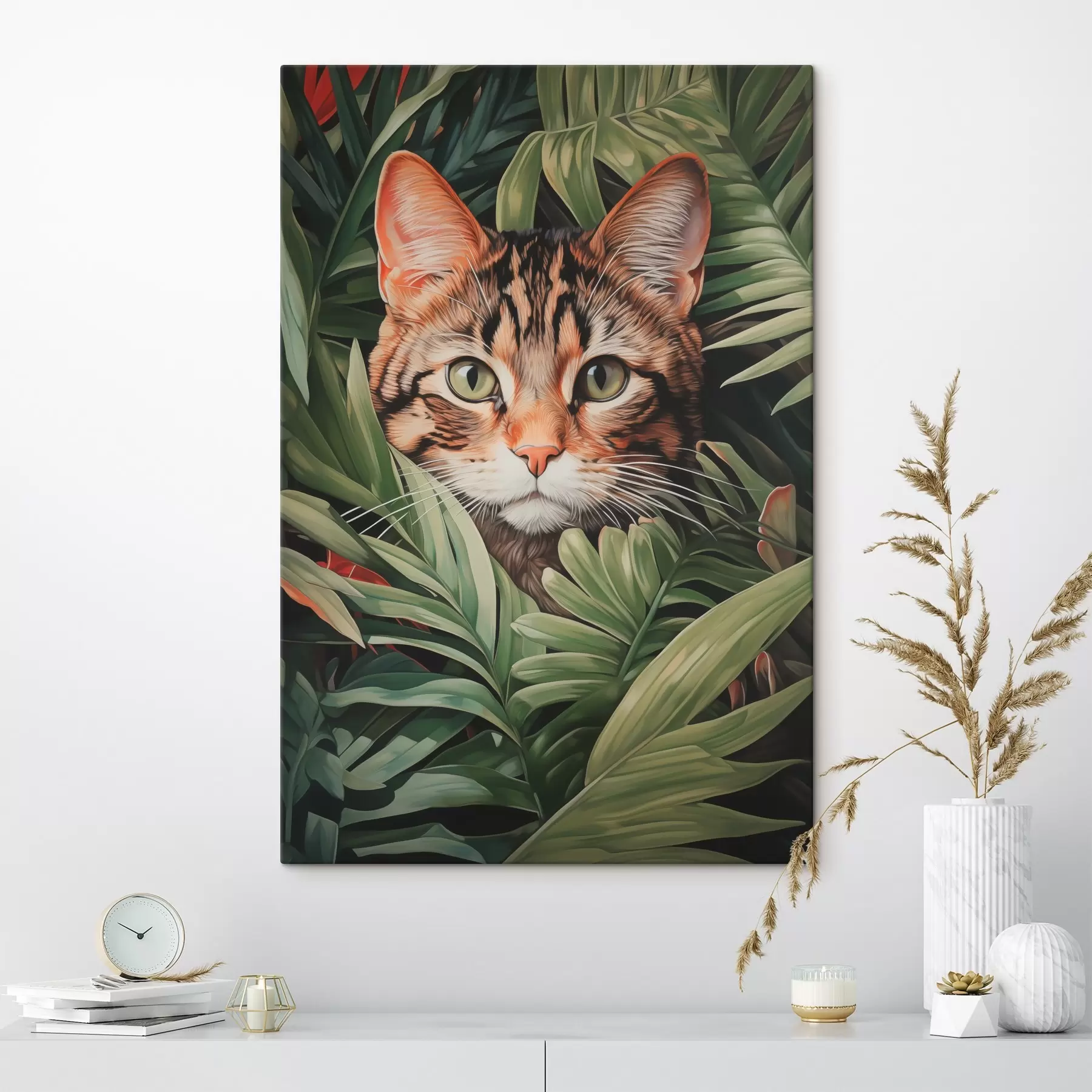 Tableau Chat dans des feuilles tropicales s42354