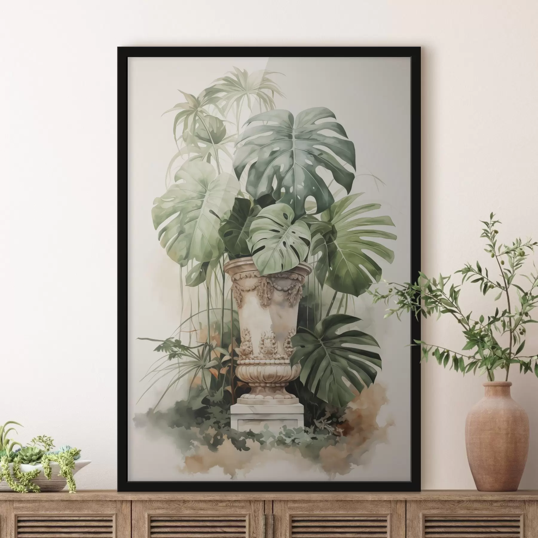 Tableau Feuilles de monstera tropical sur une colonne imitation aquarelle f42351