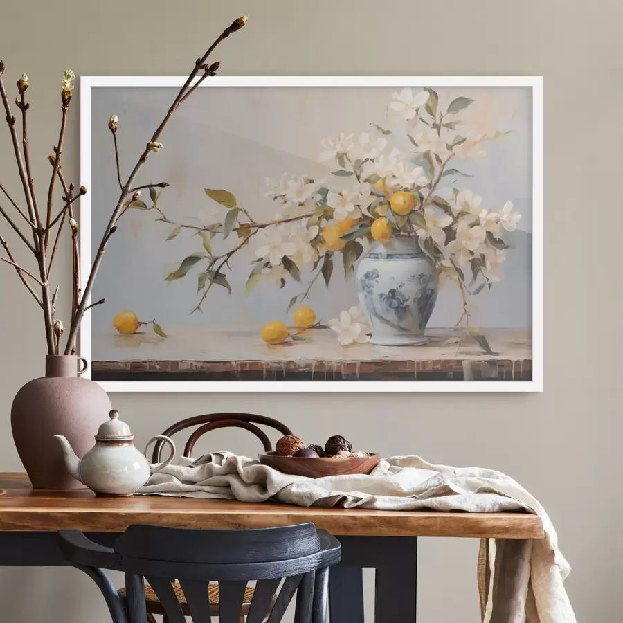 Papier peint Vase avec branches de fleurs blanches et peinture imitation citron f42360