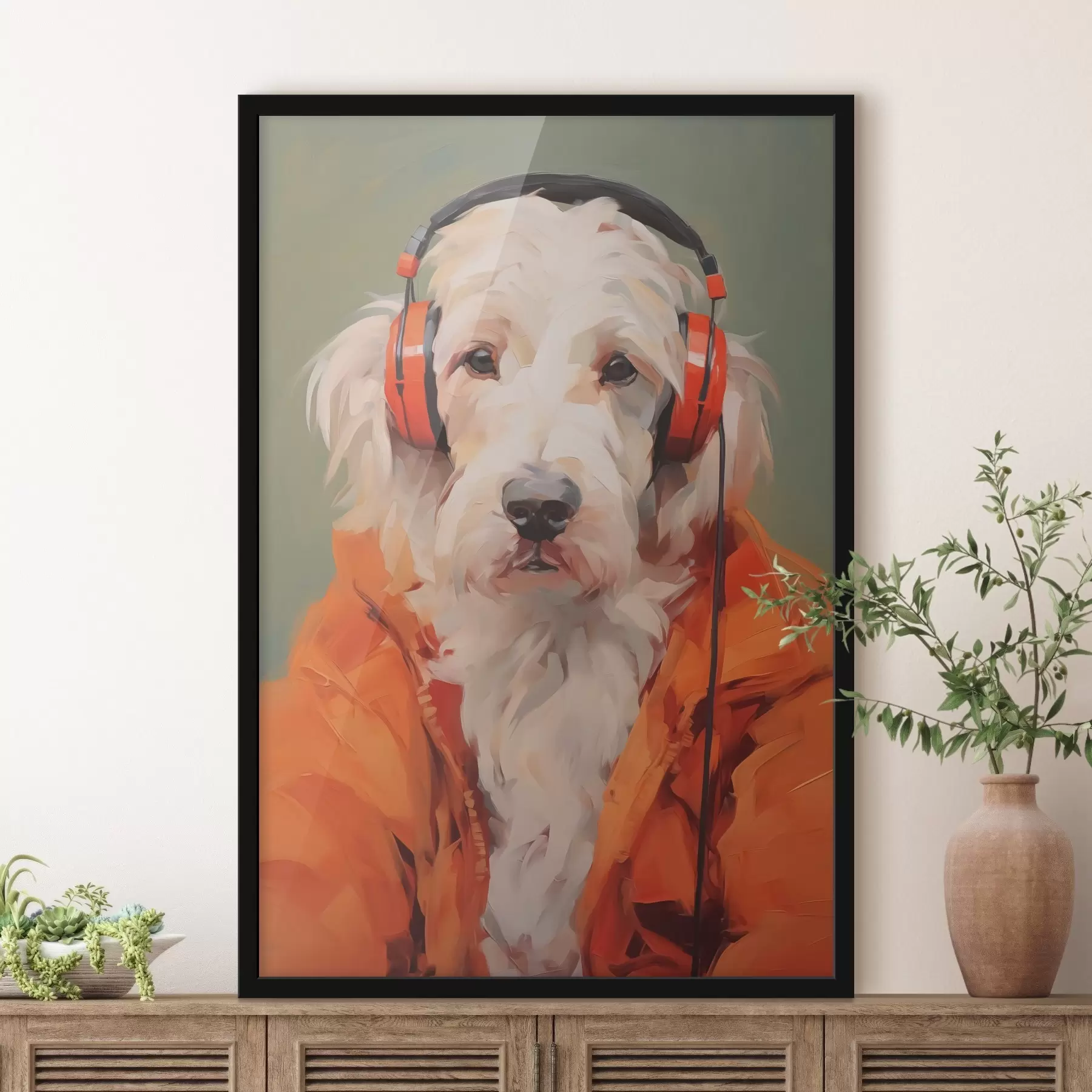 Papier peint Chien blanc avec veste orange et casque imitation peinture f42364