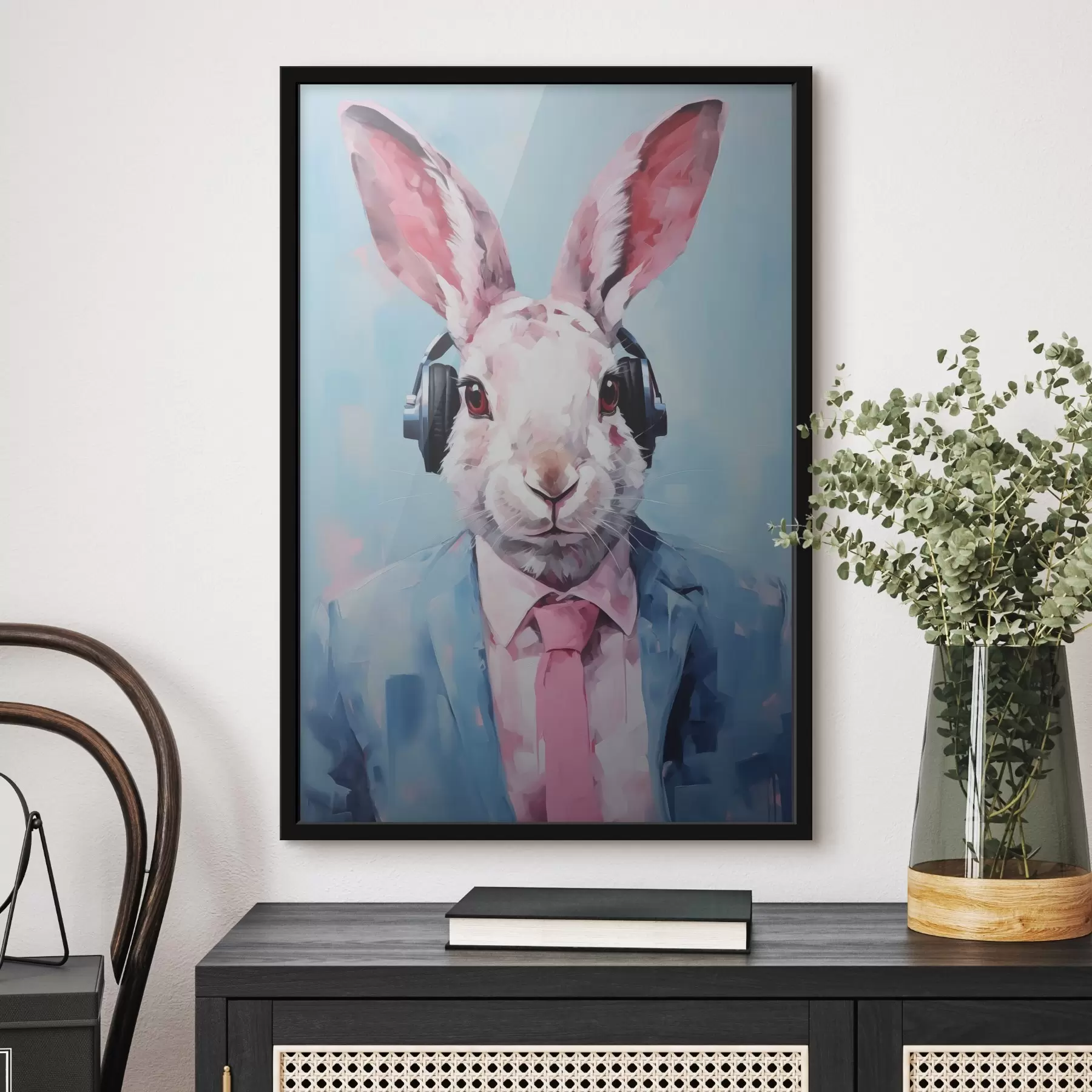 Papier peint Lapin avec des écouteurs dans une veste bleue imitation peinture f42365
