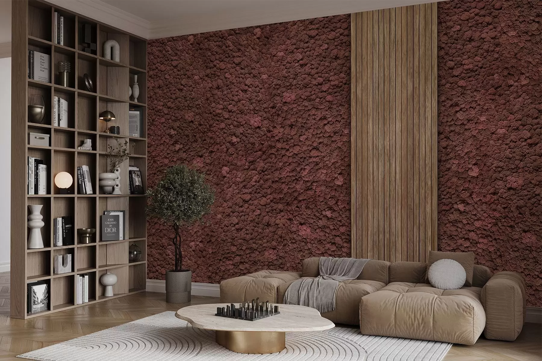 Papier peint Mur de style mousse avec panneau de bois, couleurs bordeaux luxuriantes w02656v1