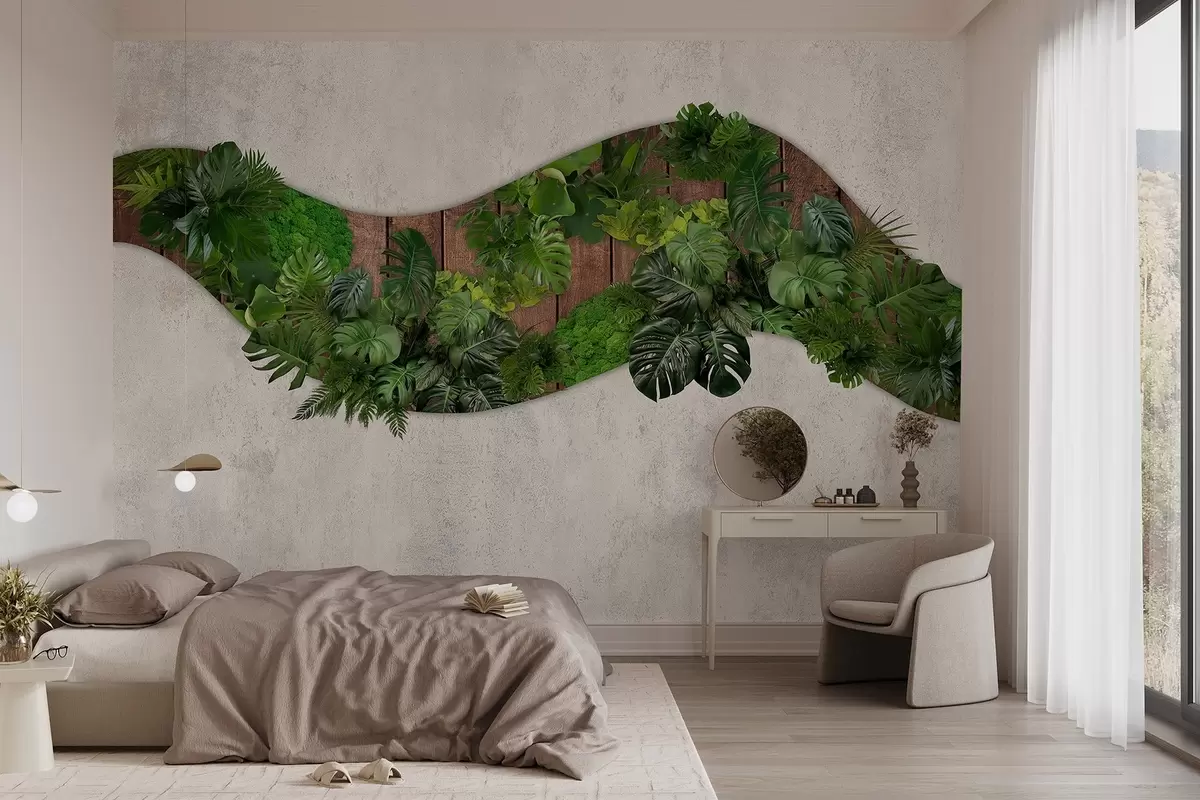 Papier peint Ornement mural avec plantes, mousse, feuilles de palmier, fond en bois w02658