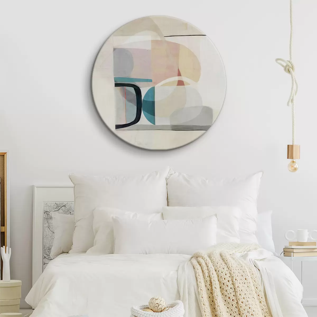 Tableaux rondes Abstraction géométrique en beige et bleu r35802