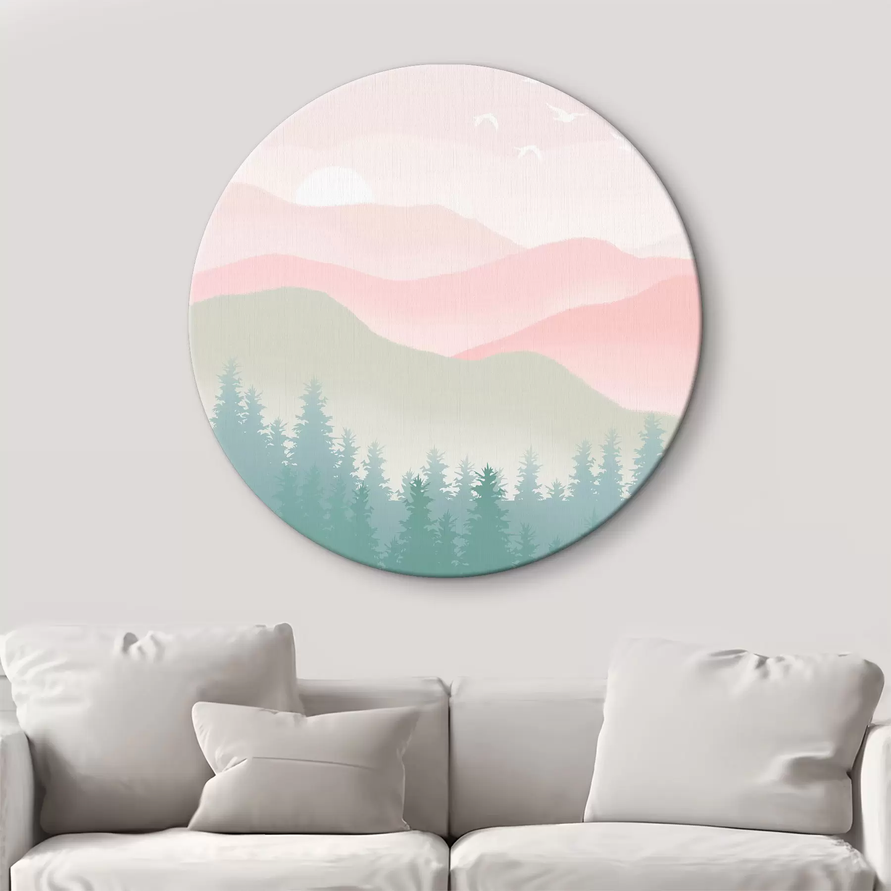Papier peint Montagnes brumeuses avec forêt de pins, couleurs douces et naturelles, rose et vert r36394