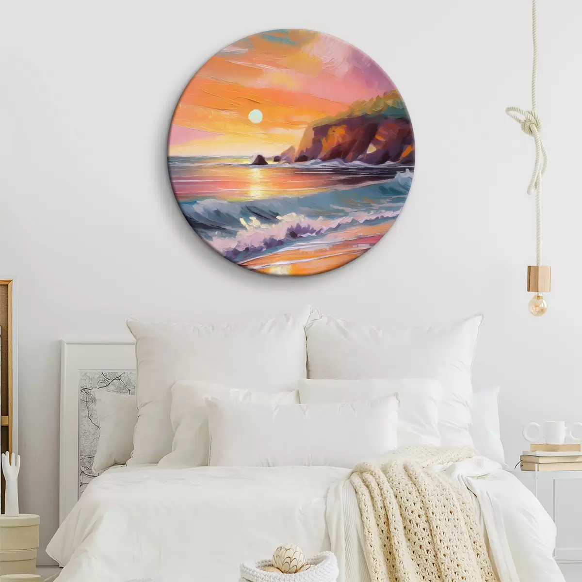 Tableaux rondes Lever de soleil sur la côte, vagues de la mer, coups de pinceau vifs, acrylique r36581