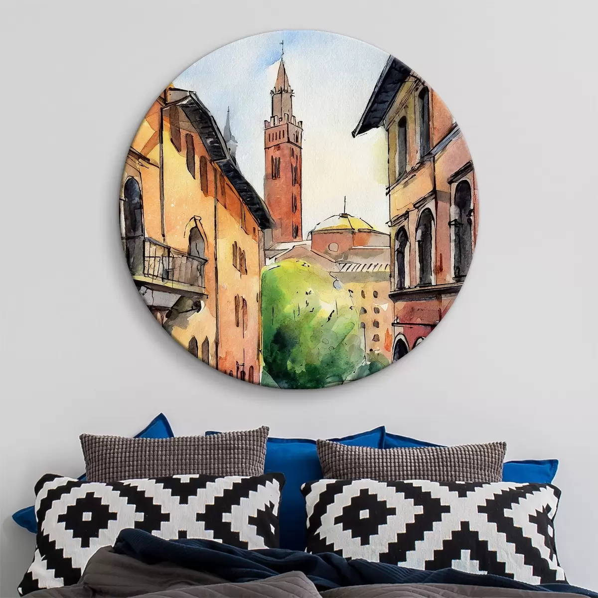 Tableaux rondes Peinture à l'aquarelle d'une rue avec des bâtiments et des arbres r36684