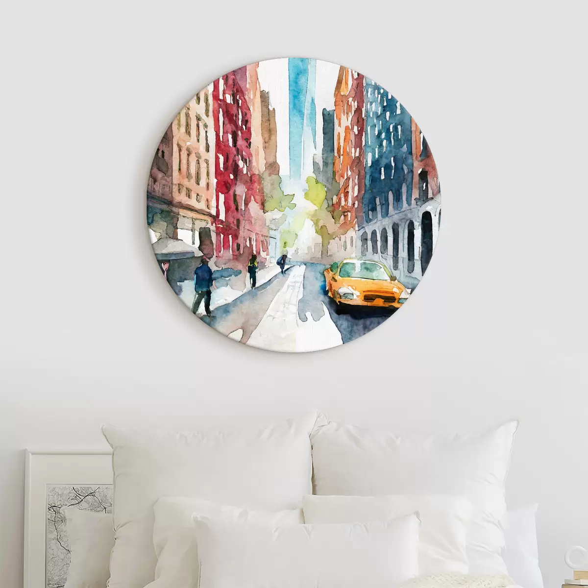 Tableaux rondes Une aquarelle représentant une rue avec des bâtiments et une grande tour en arrière-plan r37346