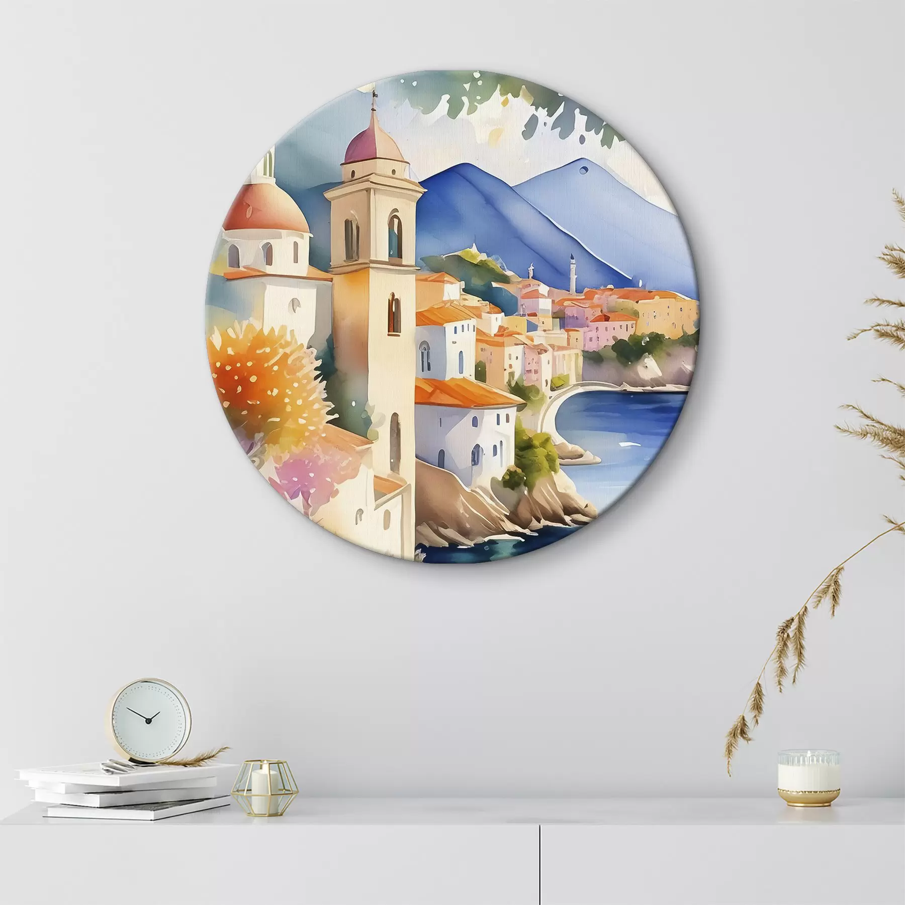 Tableau Une aquarelle représentant une ville au bord d'un réservoir r38407