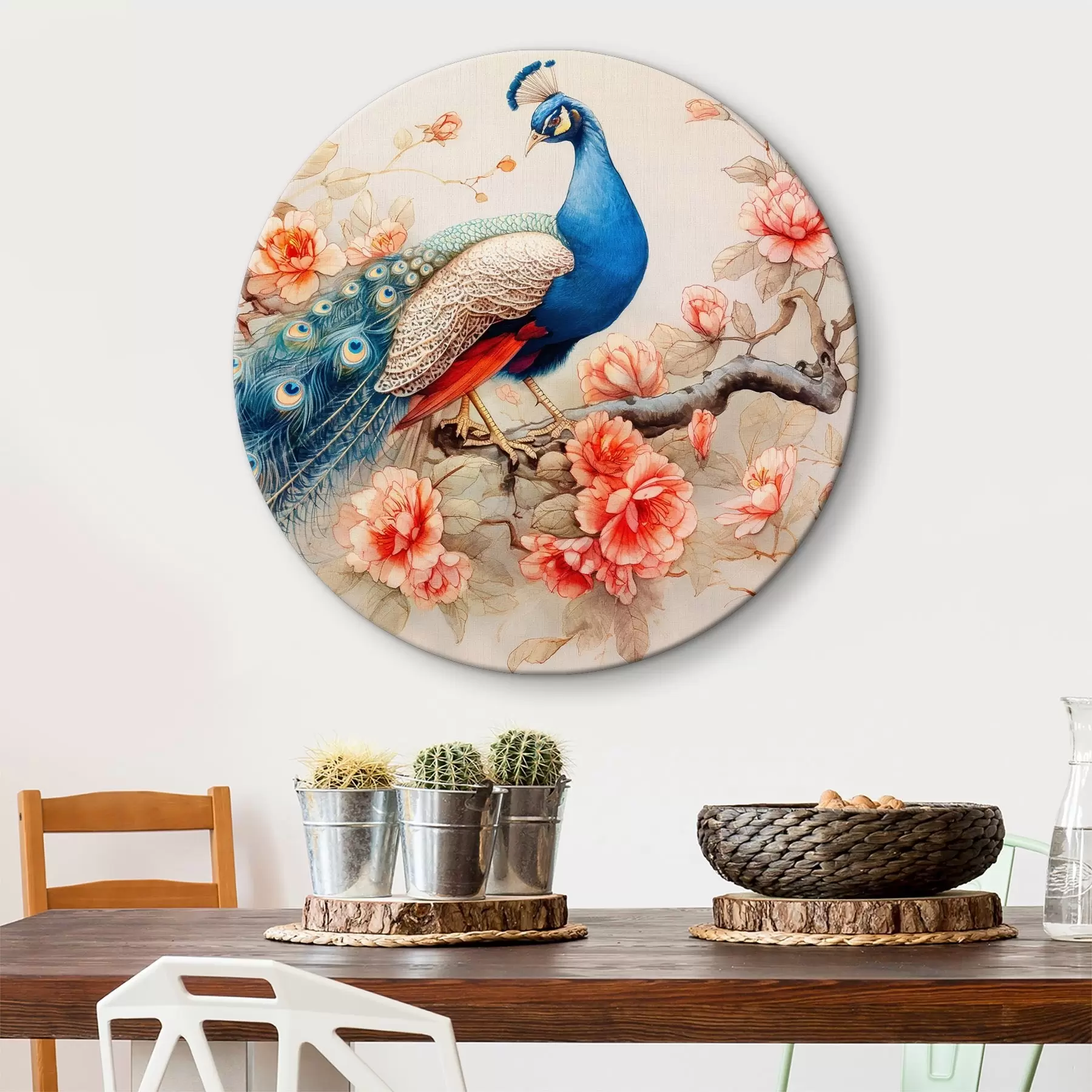 Papier peint Peinture représentant un paon sur une branche avec des fleurs r38451