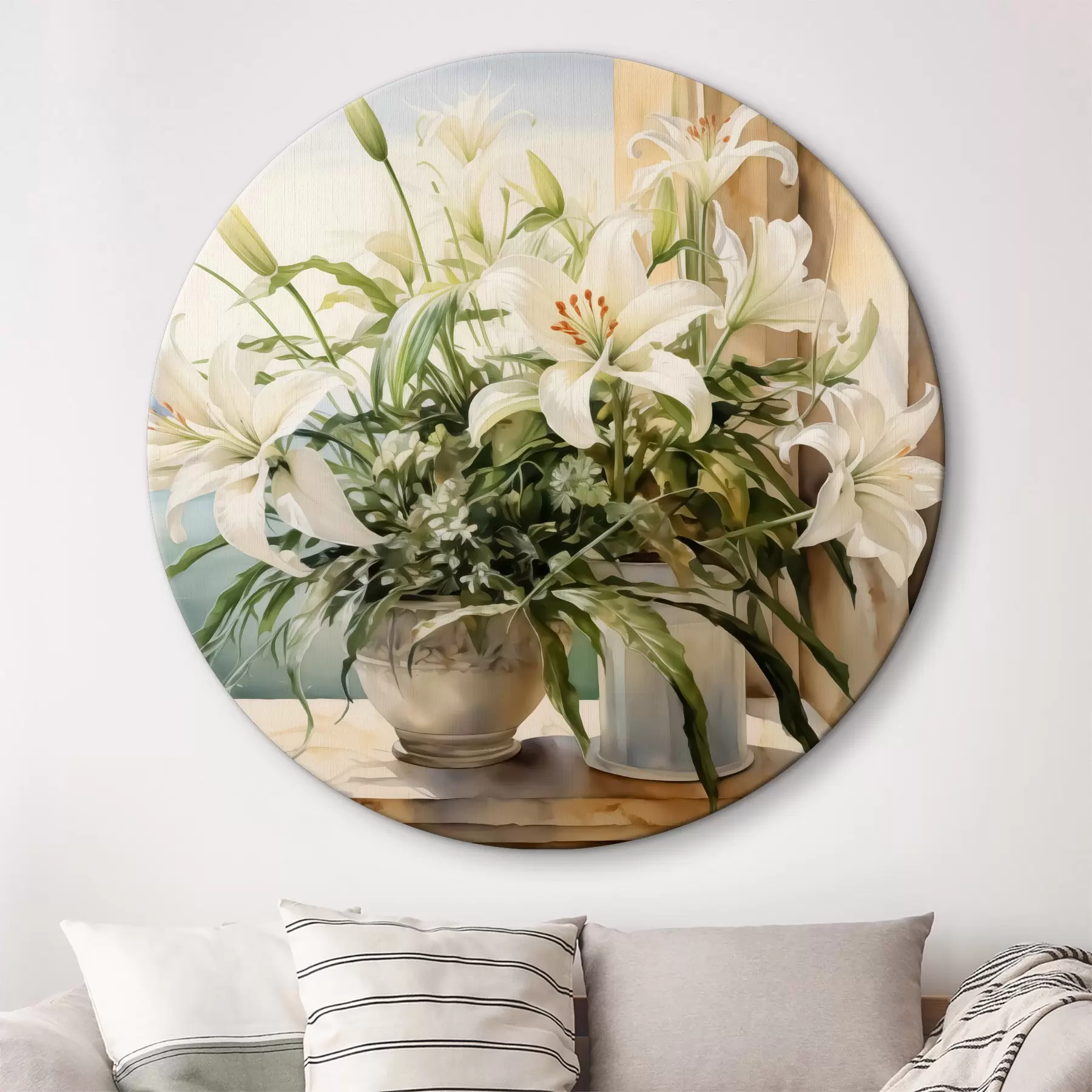 Tableau Lys blancs dans un vase sur le balcon avec vue sur la mer et les montagnes aquarelle r40682