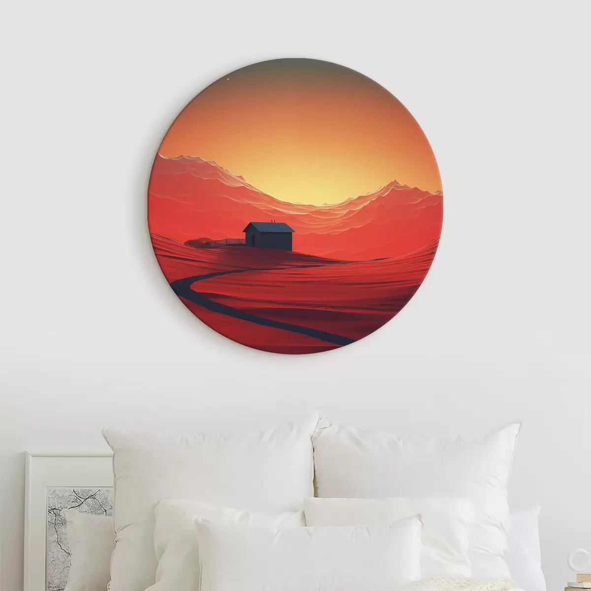 Tableaux rondes Nuit dans le désert, lune, sables rouges, futurisme, petite maison r40950