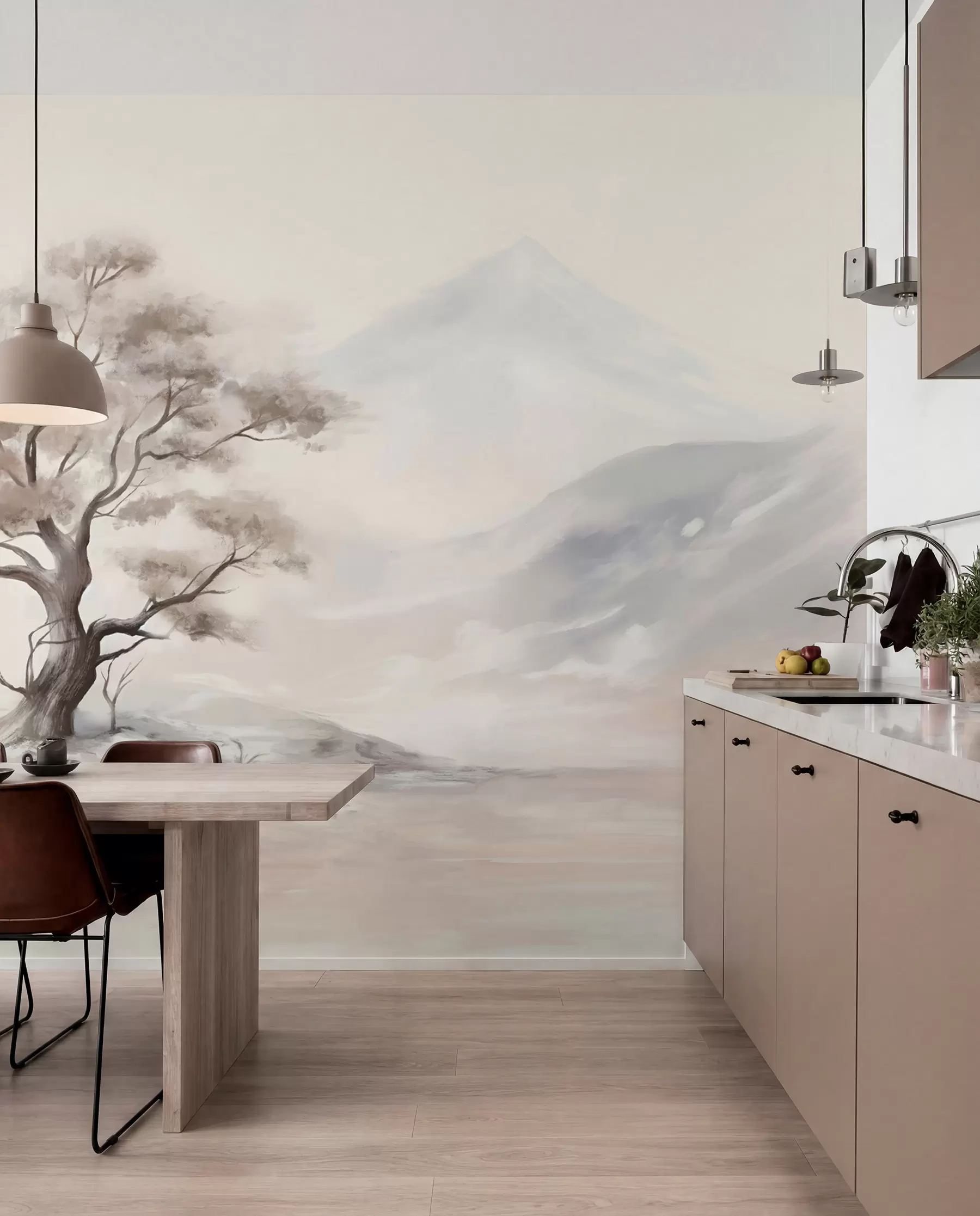 Papier peint Dessin minimaliste d'un arbre solitaire et tordu dans un paysage désolé et rocailleux avec des montagnes en arrière-plan  w08604